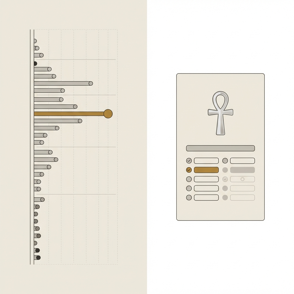 Minimalist vector side by side comparison of a lab XRF readout and a jewelry condition note showing a small pure silver ankh on a warm neutral background