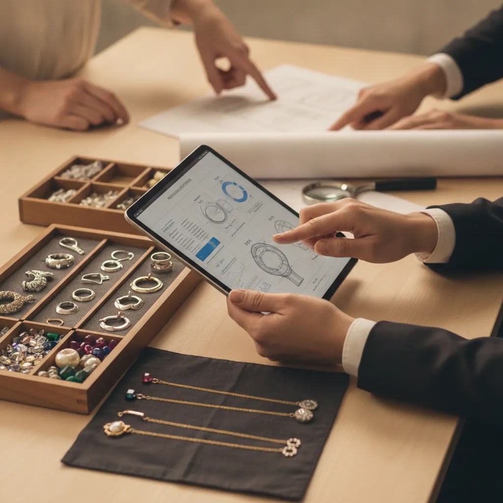 OEM jewelry manufacturer evaluation for ethically made jewelry with prototypes, gemstones, and production review materials
