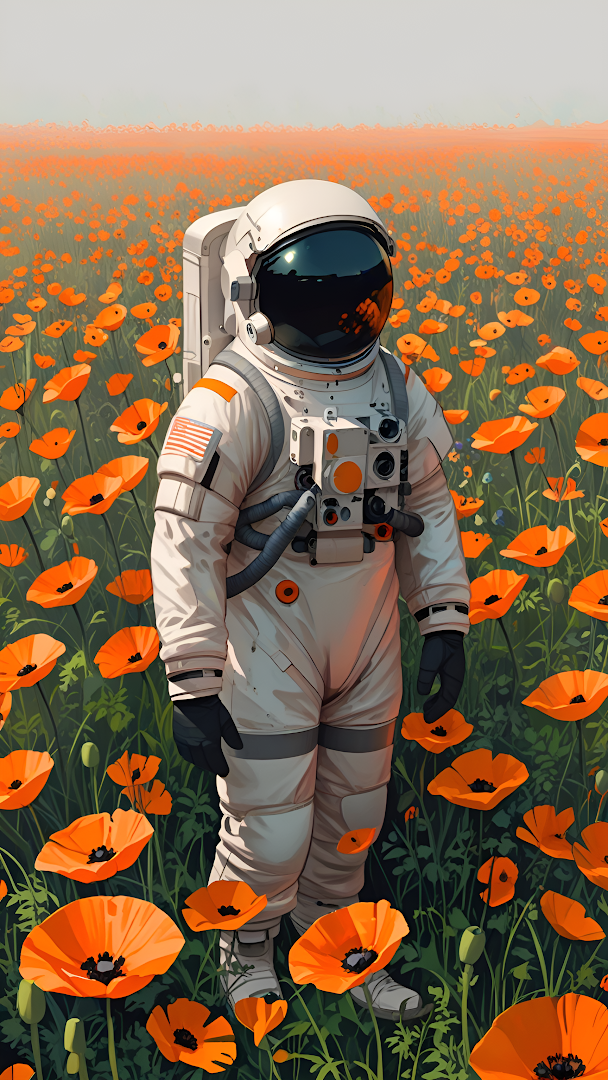 Astronaut in White Suit Among Vibrant Orange Poppy Field