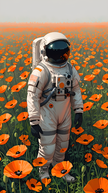 Astronaut in White Suit Among Vibrant Orange Poppy Field - Free mobile Wallpaper