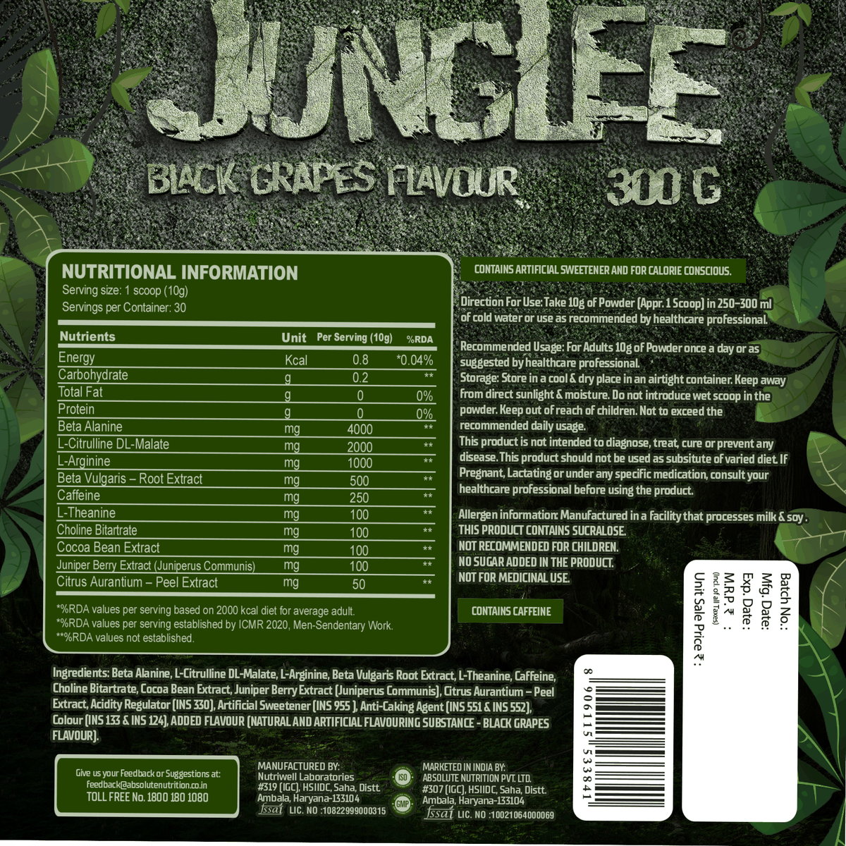 Absolute Nutrition Junglee Pre Workout — Black Grapes, 300g