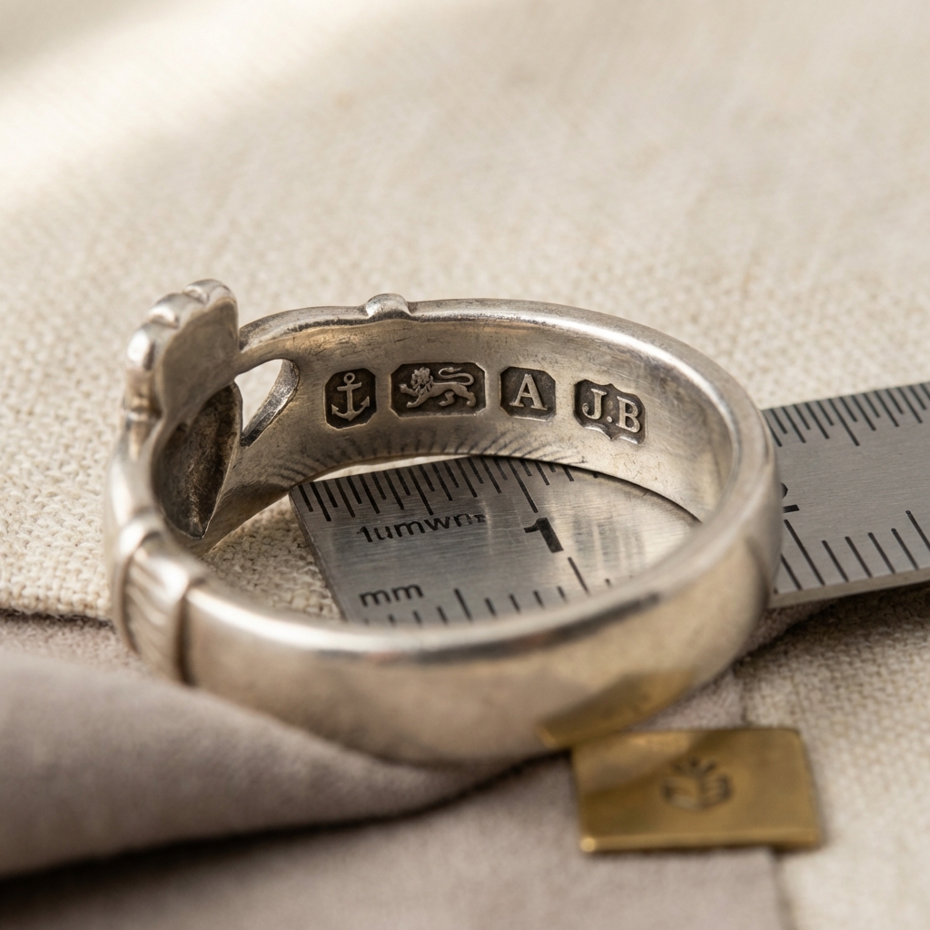 Macro close up of an ancient claddagh ring inner hoop showing hallmarks and makers mark beside a metal ruler with millimeter scale on warm neutral background
