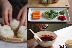 Rửa sạch ớt, hành boa rô và cắt khoanh. Bào vỏ cà rốt, cắt lát mỏng. Lột vỏ hành tây, cắt múi cau. Làm nước sốt: cho 3 muỗng canh tương ớt, 2 muỗng ớt bột, 2 muỗng nước tương, 1 muỗng rượu trắng, tỏi băm, 1 muỗng đướng, 1 muỗng siro bắp, 1 muỗng nước cốt gừng và tiêu xay vào chén. Trộn đều hỗn hợp nước sốt.