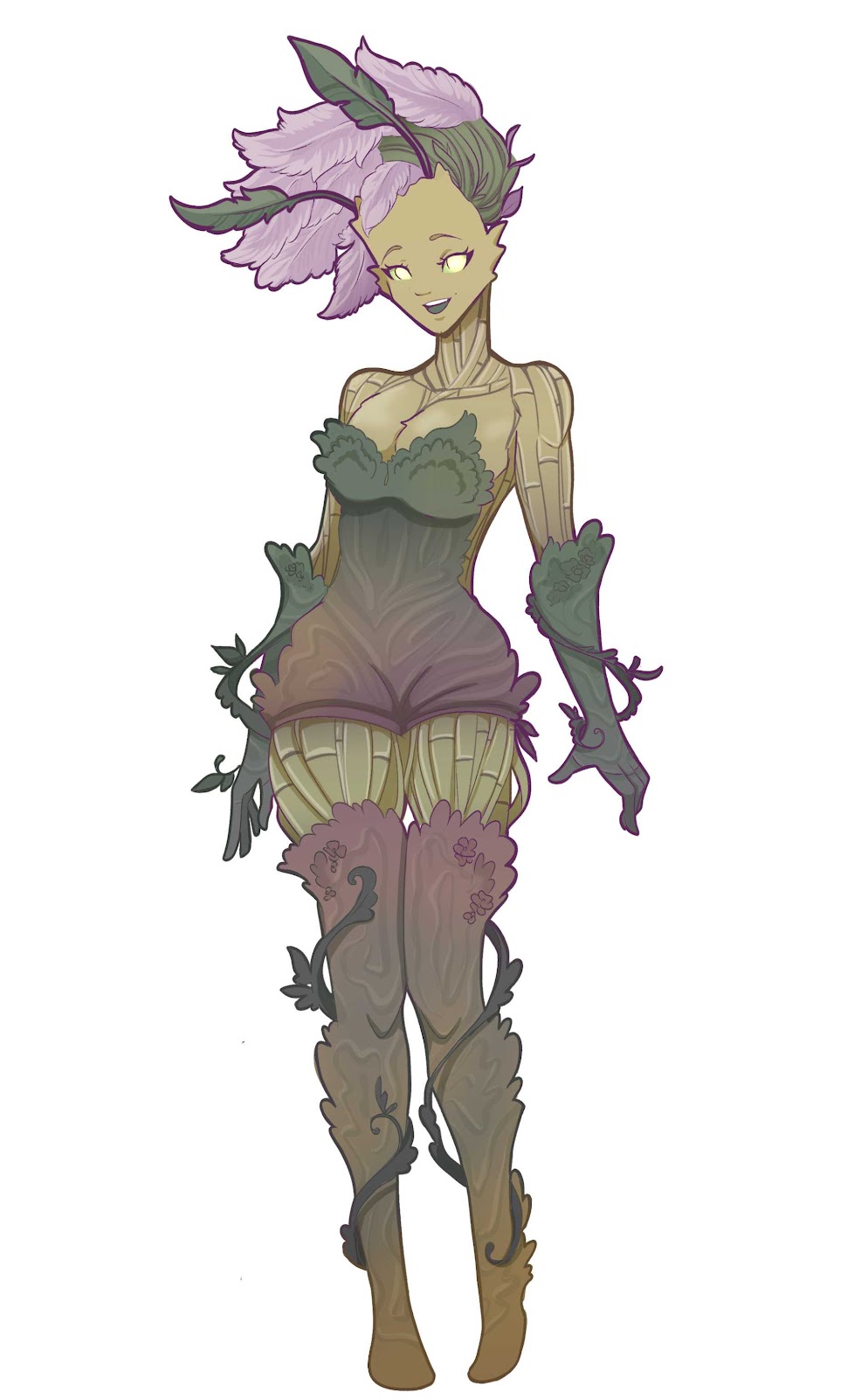 Miss Methana Sacchara, third bloom, by RaeIsteria. She is a tall, lithe, feminine plant-person seemingly woven of twisted stalks of sugarcane. She has pale pink blossoms erupting from the top of her head in almost a punky, wolf-cut hairdo. She has pale, glowing, lime-green eyes and a cute, perky face. Layered, darker leaves in greens that fade into purples give her the appearance of wearing a small leotard or bathing suit, elbow-length gloves, and thigh-high boots or stockings. 