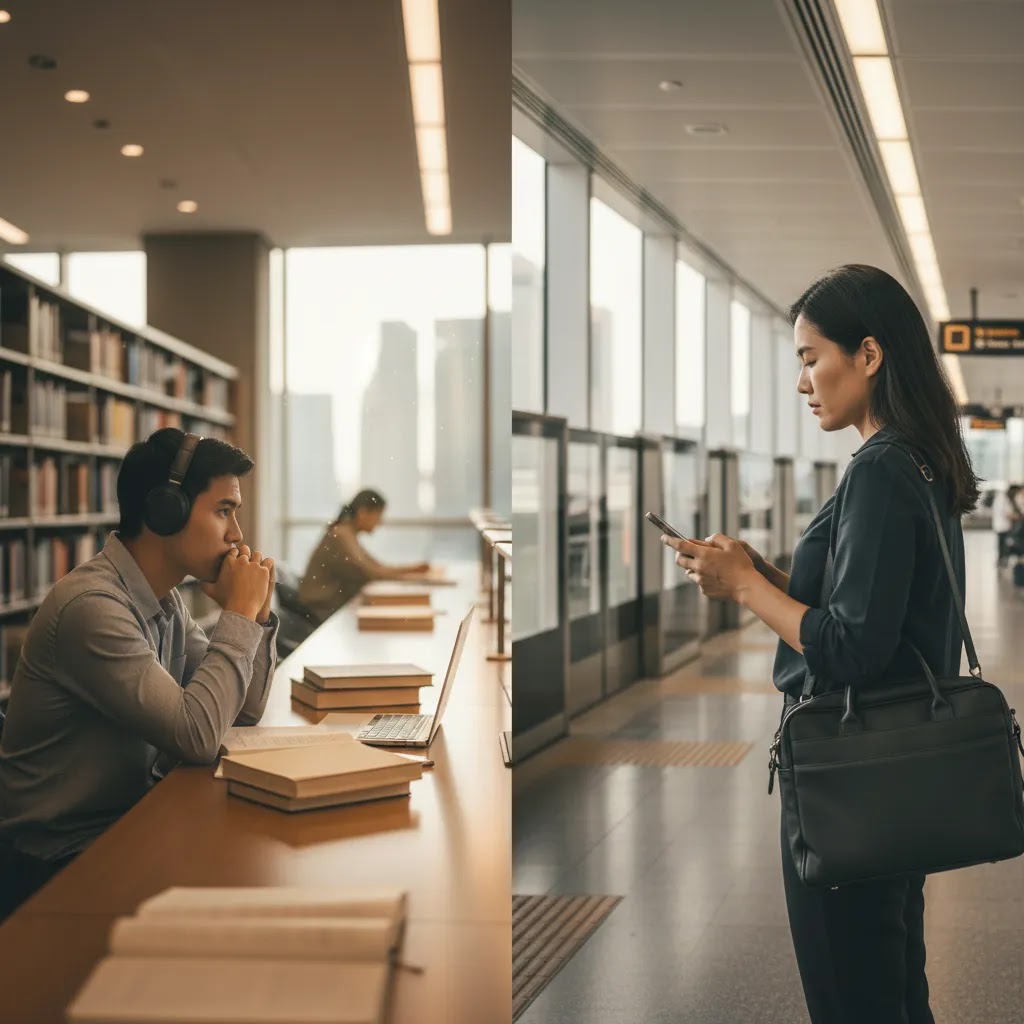 Stress levels in Singapore among students and working adults in a calm urban editorial scene