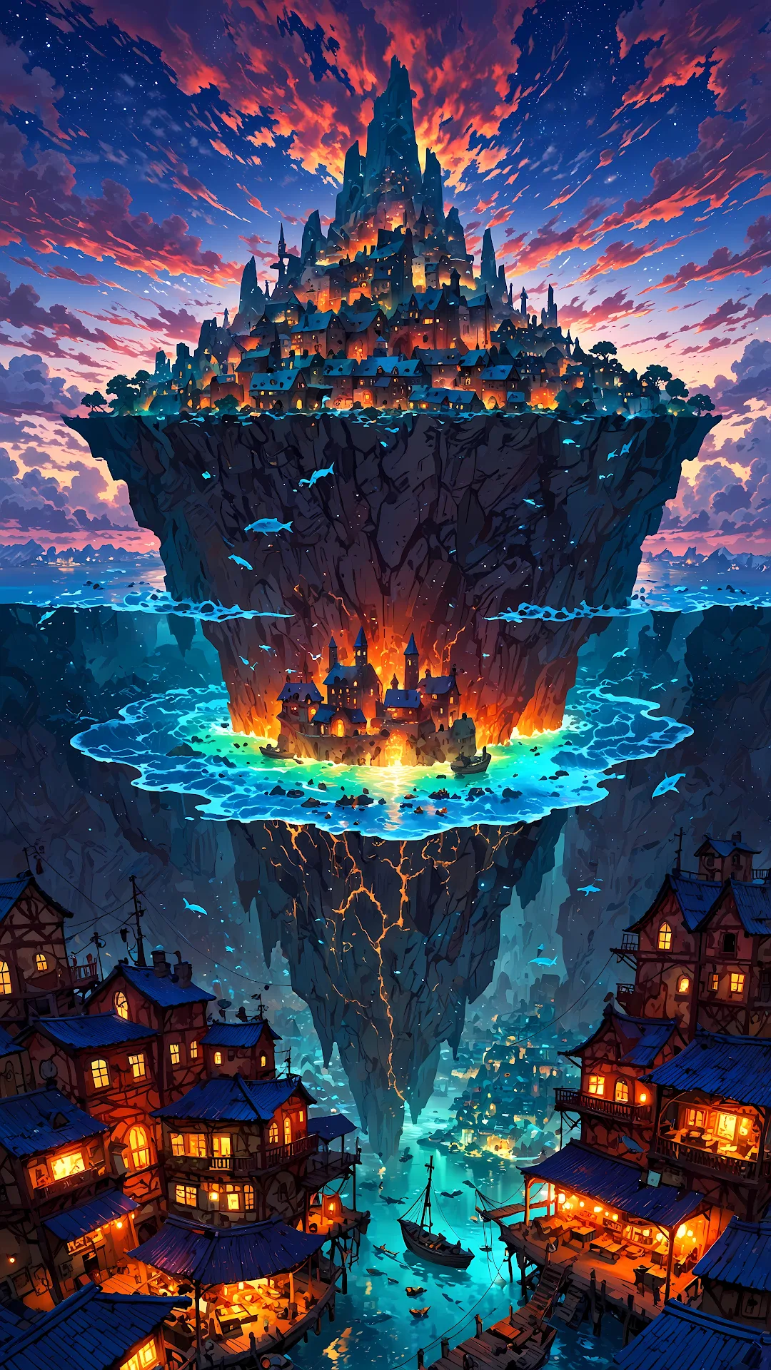 Vertical Fantasy City Built on a Floating Cliff at Sunset - Free 4K mobile Wallpaper