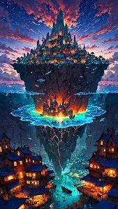 Vertical Fantasy City Built on a Floating Cliff at Sunset