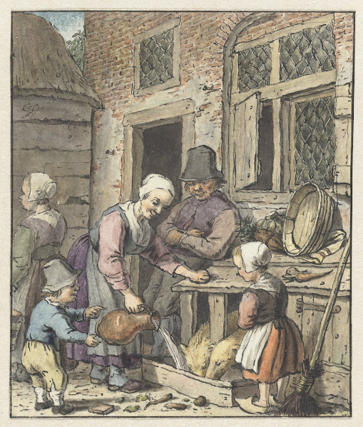 Boerenfamilie bij het voeren van de varkens 1758   1808