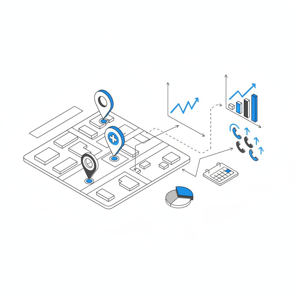 Isometric notebook-style vector illustration showing a local map with pins and a highlighted clinic connected to simple rising-call-volume charts &mdash; how to advertise a doctor's office