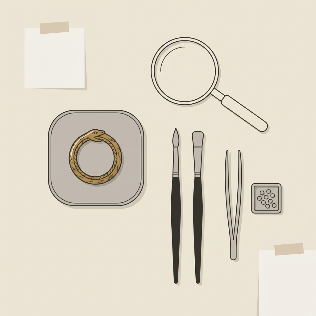 Minimalist vector illustration of a conservator workbench with magnifier brushes blank label notes and an ancient ouroboros ring meaning resting on a soft pad