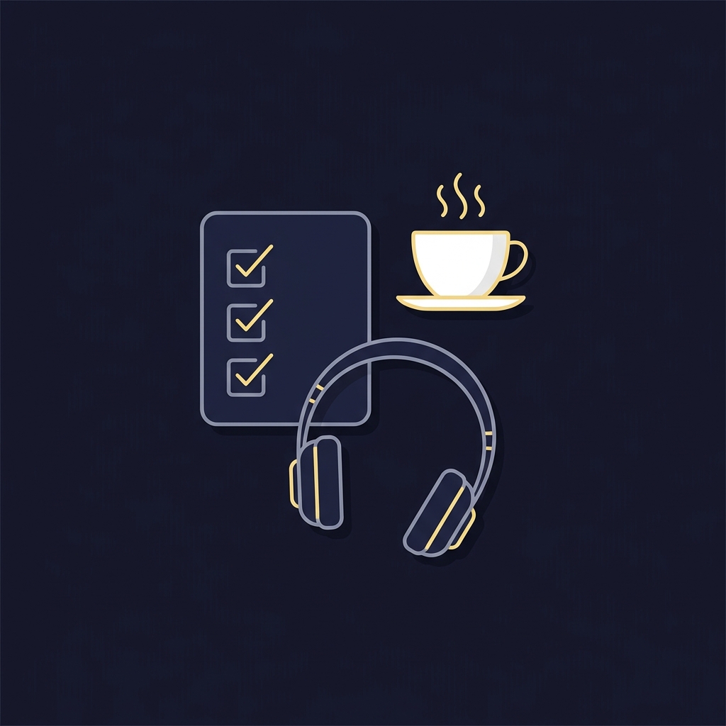 Minimalist 2D vector top down desk scene with a short checklist notepad showing three checked boxes next to a coffee cup and headphones in Funded Plays colors The Core Skills Every Funded Sports Trader Needs