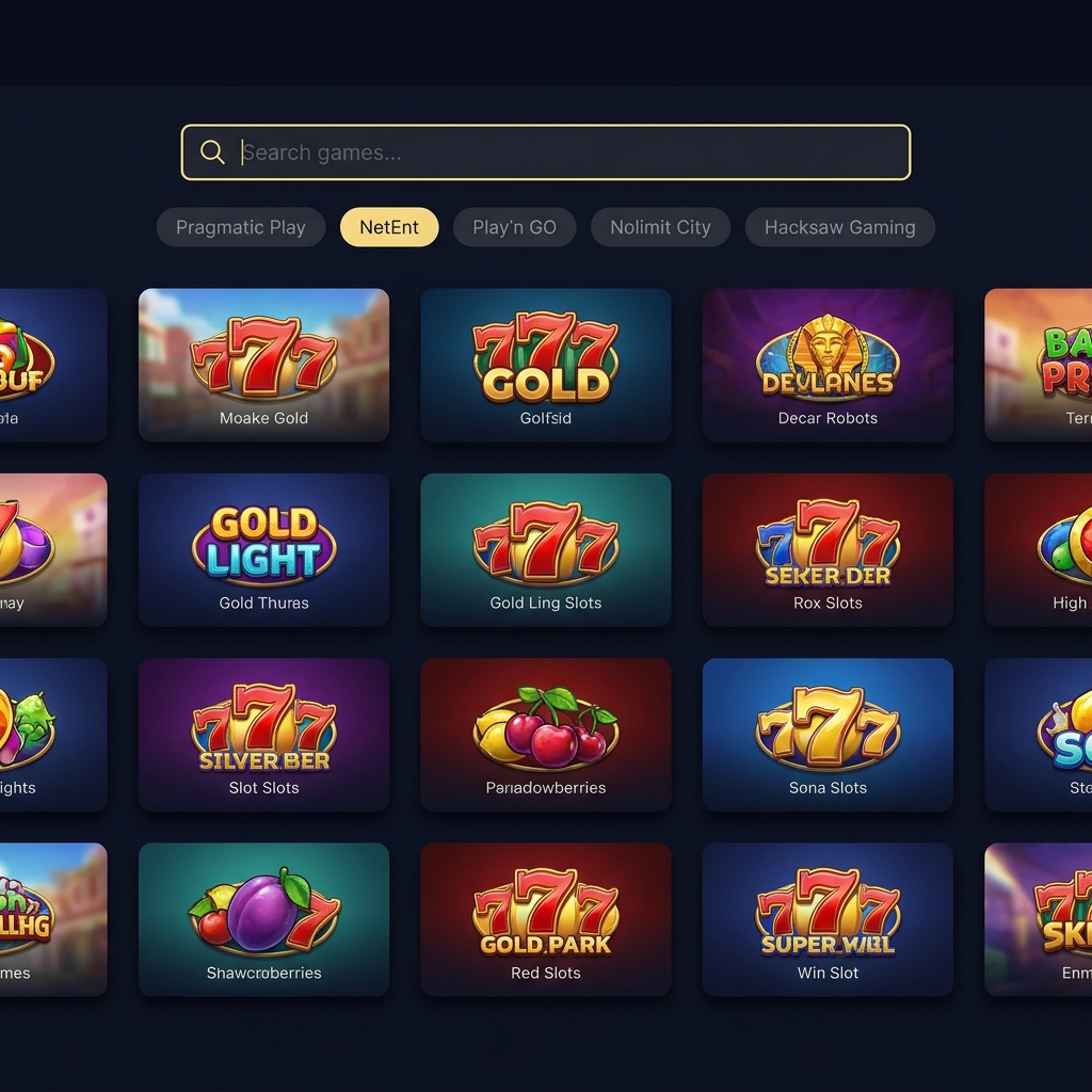 Cropped lobby screen showing provider filter tags and a search box above a grid of slot thumbnails in mystake sportsbook style with Funded Plays dark minimalist colors