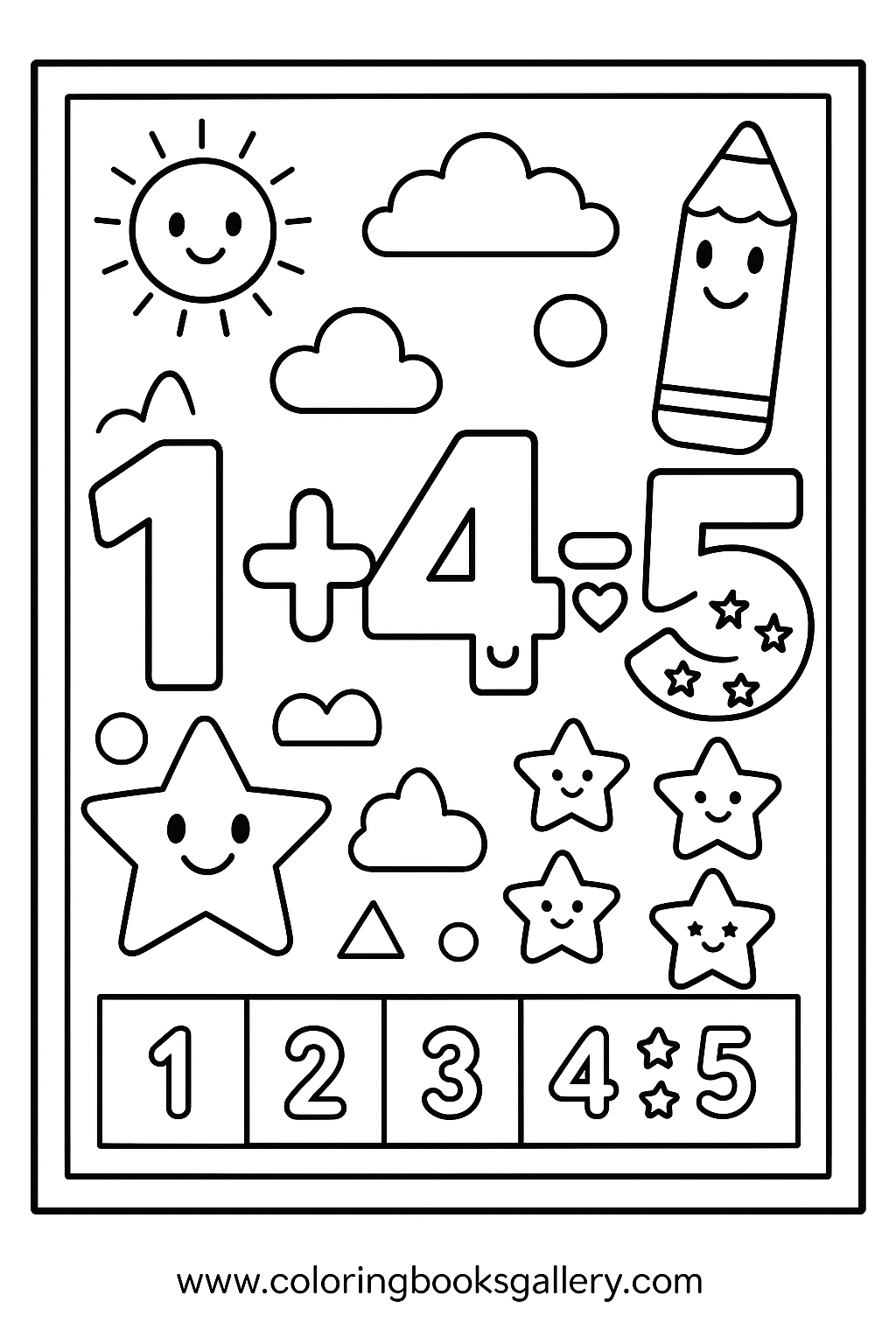 1 + 4 Coloring Page for Kids – Simple Math Printable Line Art – printable coloring page