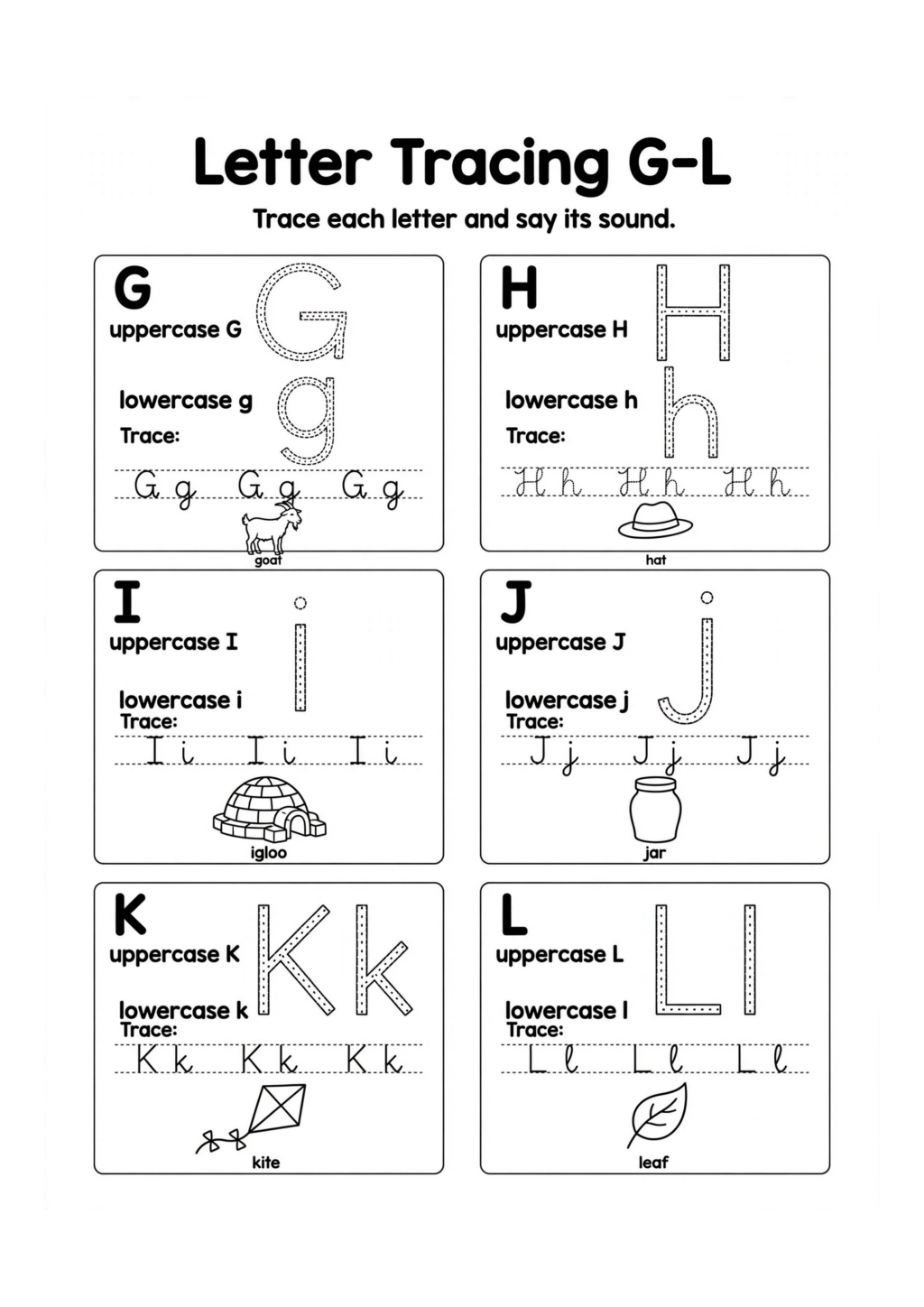 Letter Tracing G-L Worksheet
