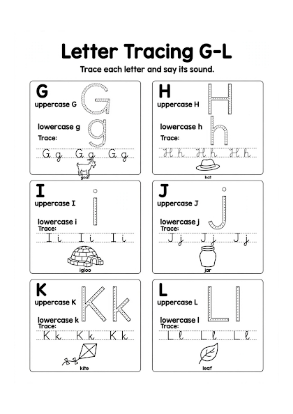 Letter Tracing G-L Worksheet