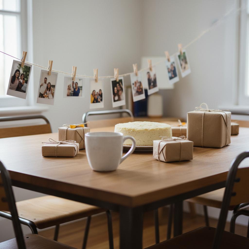 Intime Esszimmer-Szene mit Vanillekuchen und selbstgemachten Geschenken zum basteln, Details wie Tasse, Fotoleine und kleine Schachteln, warme Lichtstimmung