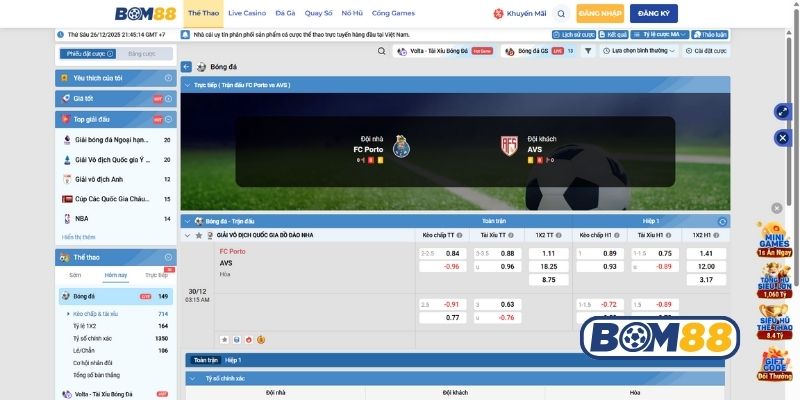 Bảng tỷ lệ kèo trận FC Porto vs AVS ngày 30/12/2025