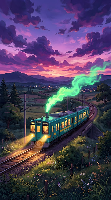 Anime Style Illustration of a Train on Tracks at Dusk with Vibrant Purple Clouds - Free mobile Wallpaper