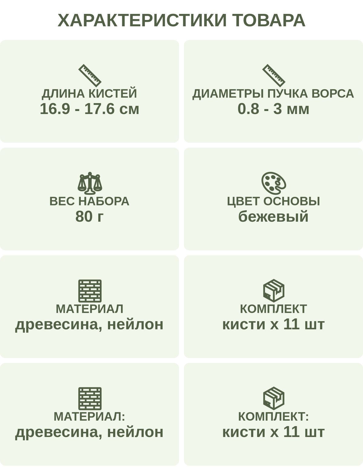 Характеристики товара: Длина кистей — 16.9 - 17.6 см; Диаметры пучка ворса — 0.8 - 3 мм; Вес набора — 80 г; Цвет основы — бежевый; Материал — древесина, нейлон; Комплект — кисти х 11 шт; Материал: — древесина, нейлон; Комплект: — кисти х 11 шт