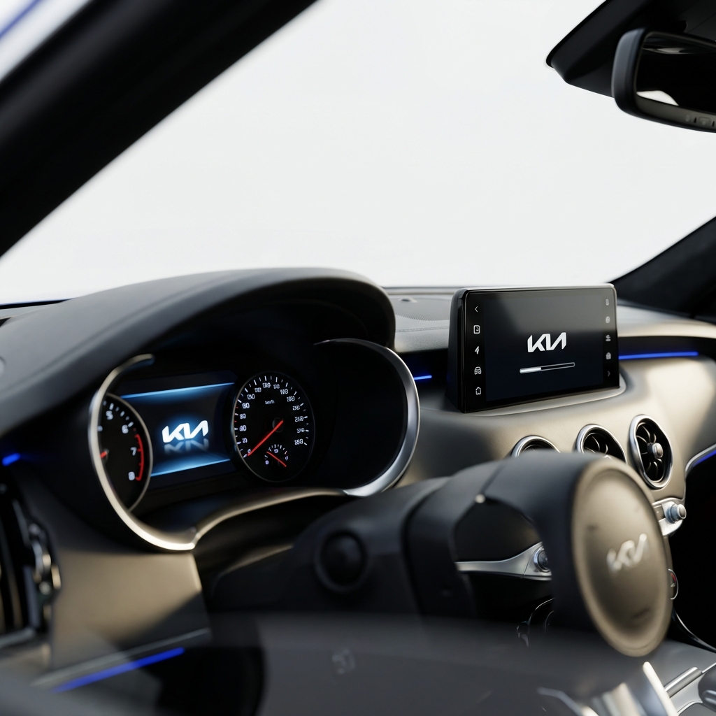 Close up of Kia Stinger instrument cluster and infotainment screen during startup with CarFax Deals blue accents on white background kia stinger for sale