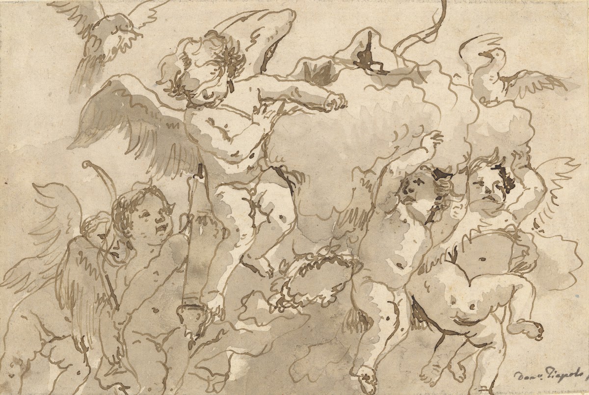 Cupid Blindfolded in the Clouds with Five Attendant Putti ca 177090