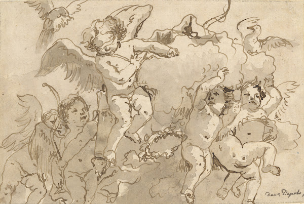 Cupid Blindfolded in the Clouds with Five Attendant Putti ca 177090