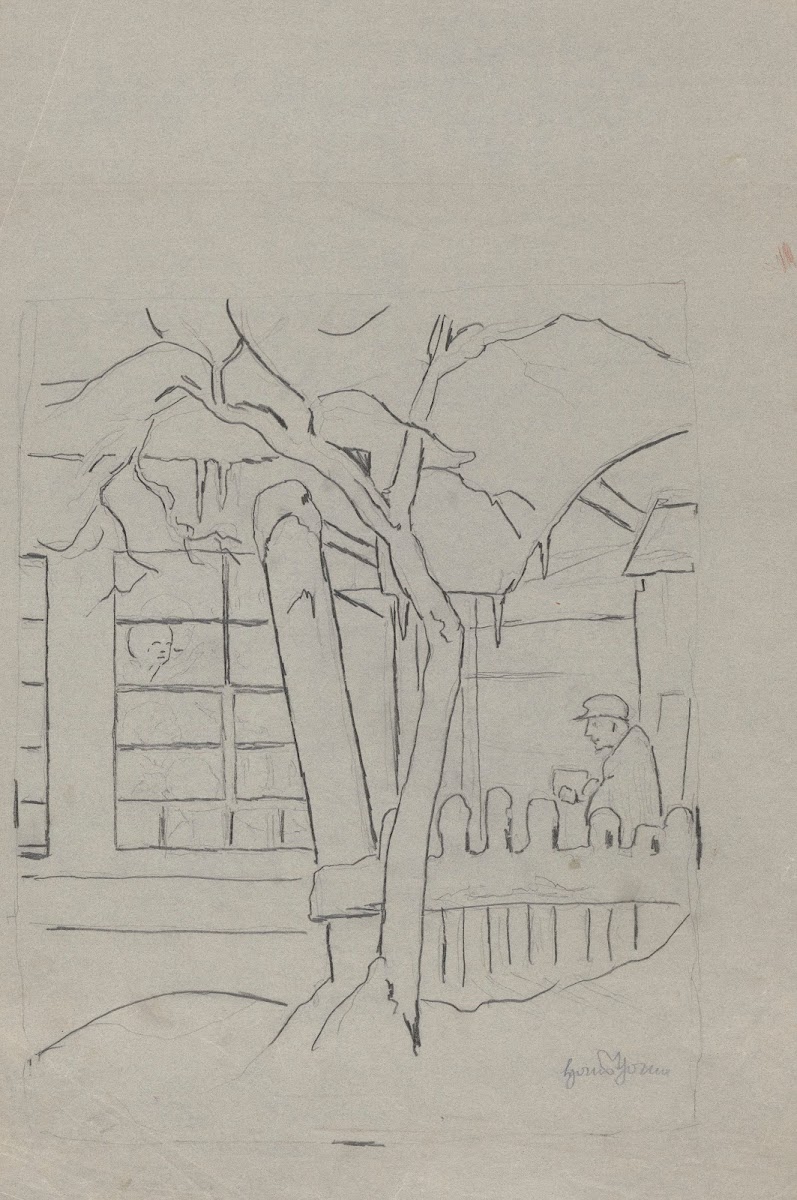 Farmhouse with a Tree a Fence and a Man in a Hat Standing Behind Them 1880   190