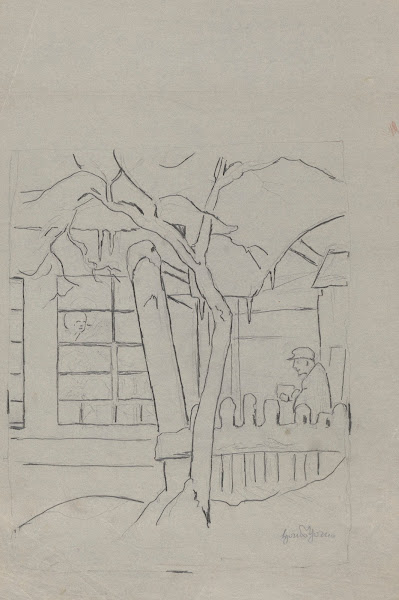 Farmhouse with a Tree a Fence and a Man in a Hat Standing Behind Them 1880   190
