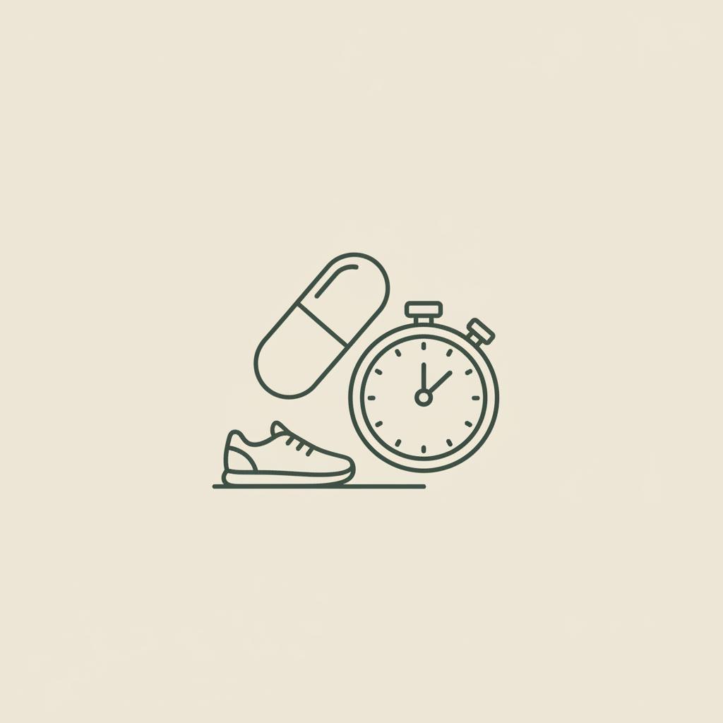 Minimal Tonum-style vector line illustration of a capsule, stopwatch, and walking shoe representing short workouts and calories burned per minute on a beige background