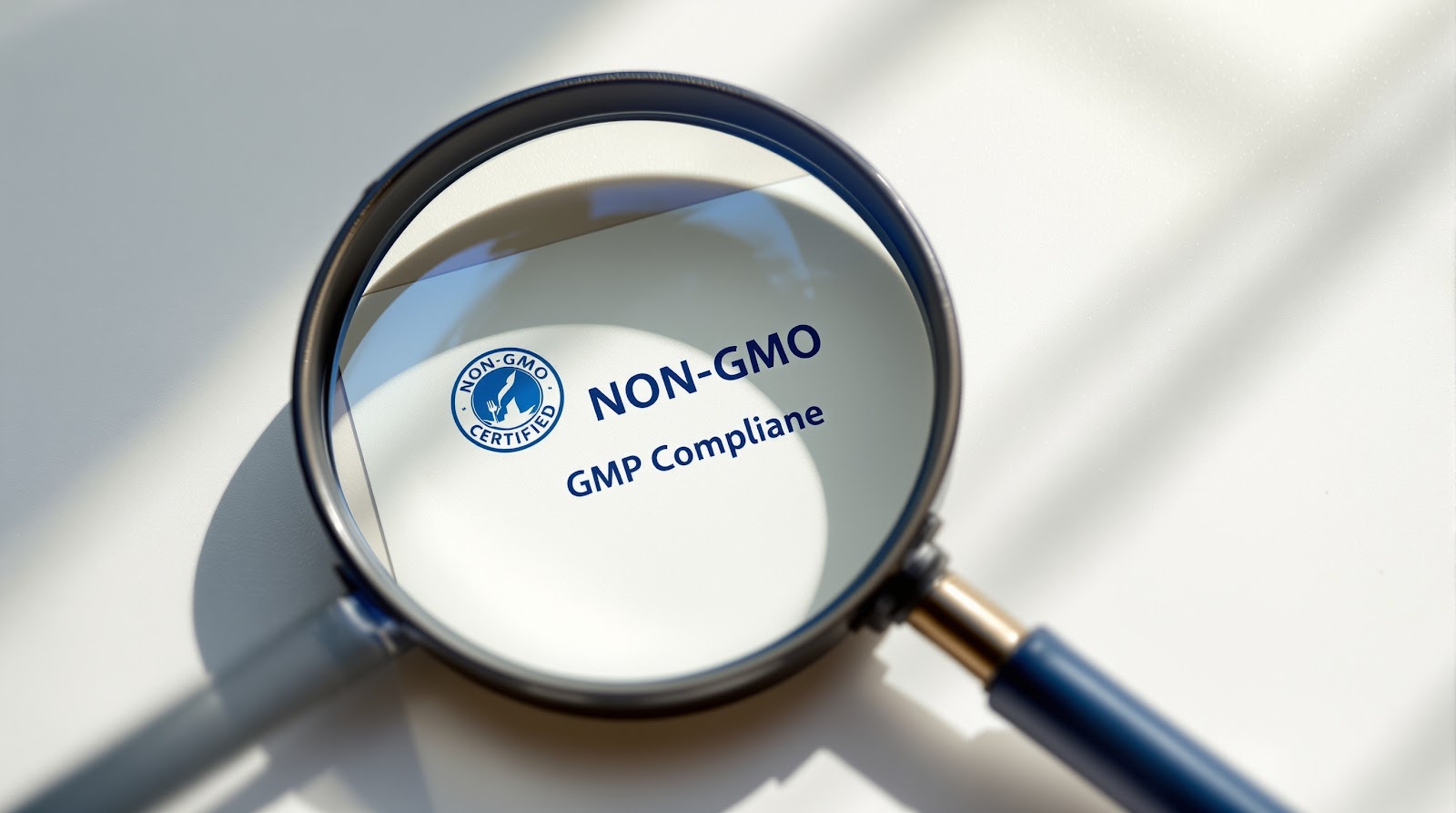 확대경으로 Non-GMO 및 GMP 인증 마크를 확인하는 모습, 활력영양제 선택 체크리스트 시각화