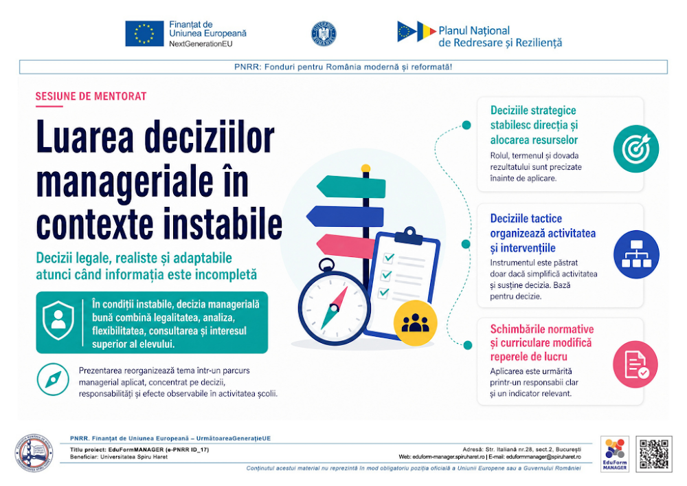 Coperta ghidului Luarea deciziilor manageriale în contexte educaționale instabile și imprevizibile