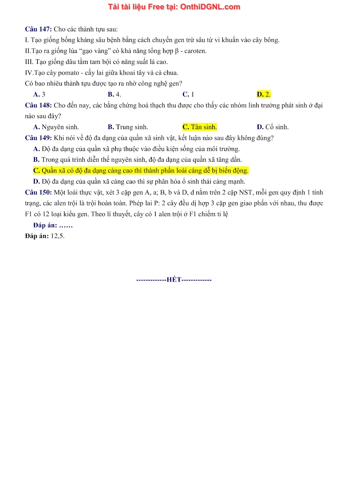 150 bài tập môn Sinh học - Ôn thi ĐGNL ĐHQG HN Phần 5