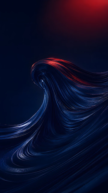 Smooth midnight blue wave curves beneath a restrained crimson glow on a dark background.
