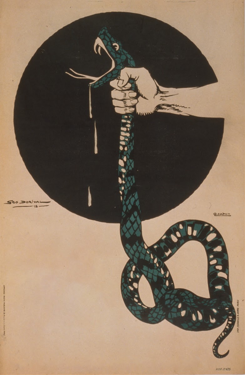 A hand squeezing the throat of a snake 1920