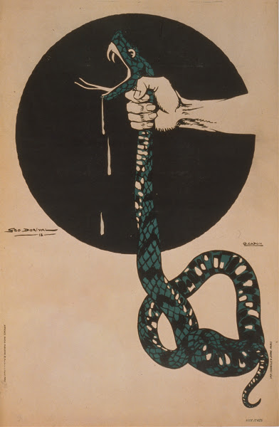 A hand squeezing the throat of a snake 1920
