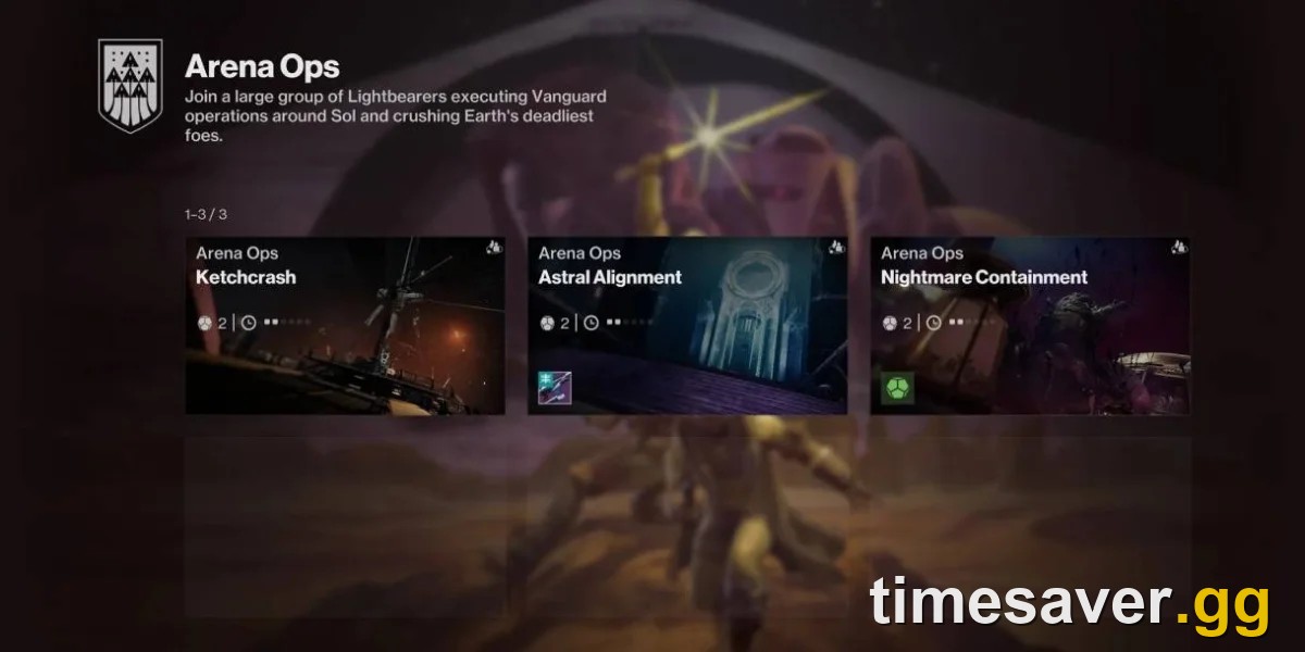 Destiny 2 Arena Ops activity selection screen — the six-player playlist that replaced Nightfalls