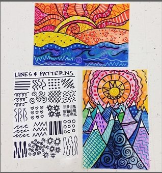 Three sheets showing line and pattern exercises: a patterned landscape, a reference sheet of twenty patterns, and patterned mountains
