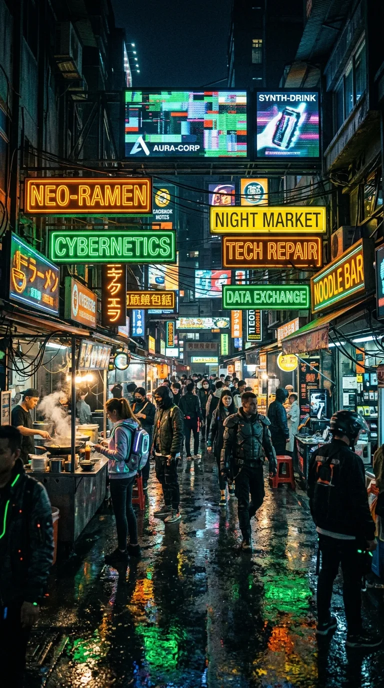 Bustling Futuristic Cyberpunk Marketplace at Night with Neon Signs - Free 4K mobile Wallpaper