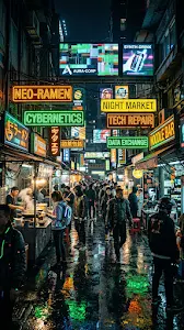 Bustling Futuristic Cyberpunk Marketplace at Night with Neon Signs
