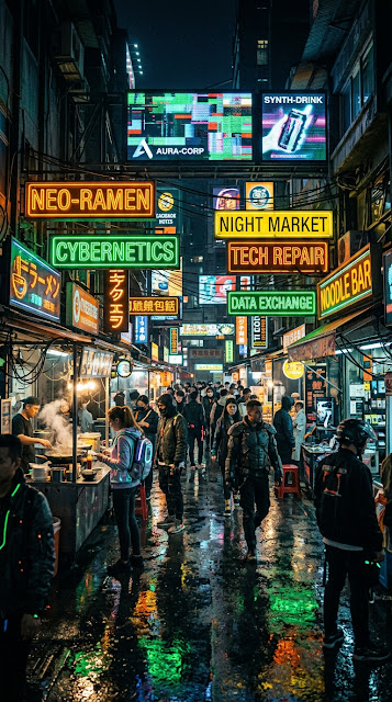 Bustling Futuristic Cyberpunk Marketplace at Night with Neon Signs - Free mobile Wallpaper