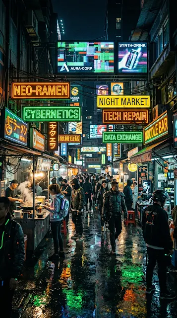 Bustling Futuristic Cyberpunk Marketplace at Night with Neon Signs