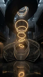 Futuristic Black Marble Staircase and Gold Rings Wallpaper