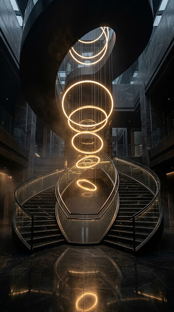 Futuristic Black Marble Staircase and Gold Rings Wallpaper - Free mobile Wallpaper