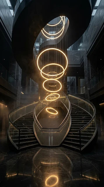 Futuristic Black Marble Staircase and Gold Rings Wallpaper