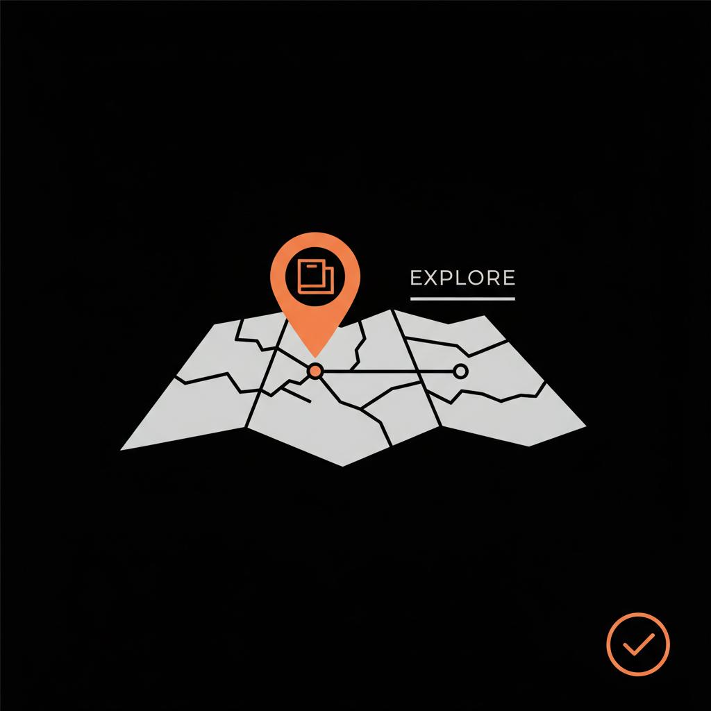 Minimal flat vector map with a pinned-post icon and short label in Social Success Hub brand colors on black background — new name of TW