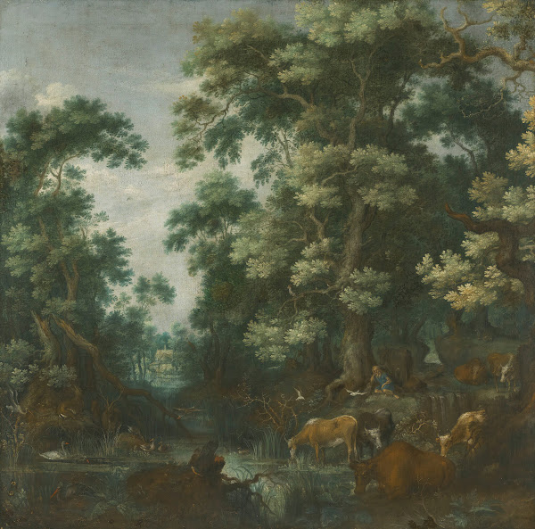 A Wooded Landscape With Deer And Cattle By A River A Sleeping Herdsman Nearby