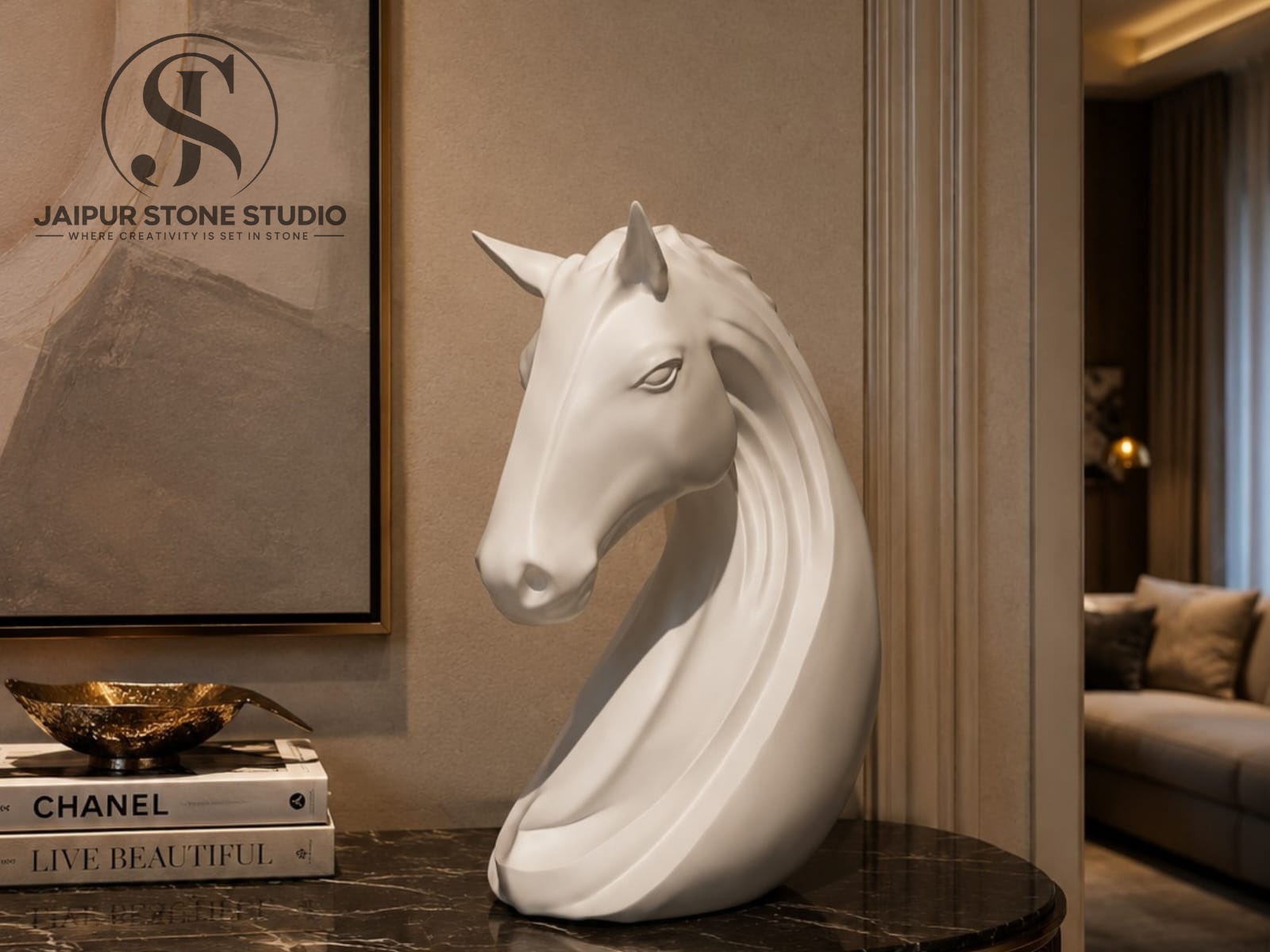 Contemporary White Marble Horse Head Bust Sculpture