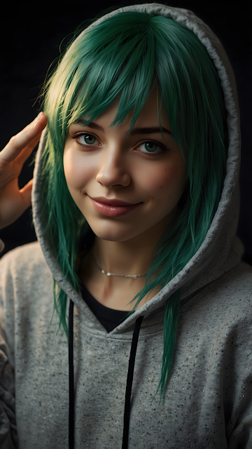 Close-up Portrait of Young Woman with Emerald Green Hair - Free mobile Wallpaper