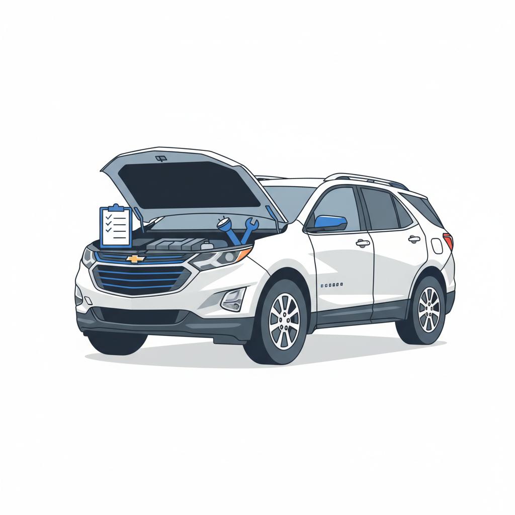 Minimalist vector illustration of a chevy equinox suv with open hood on white background showing a clipboard and inspection tools no people