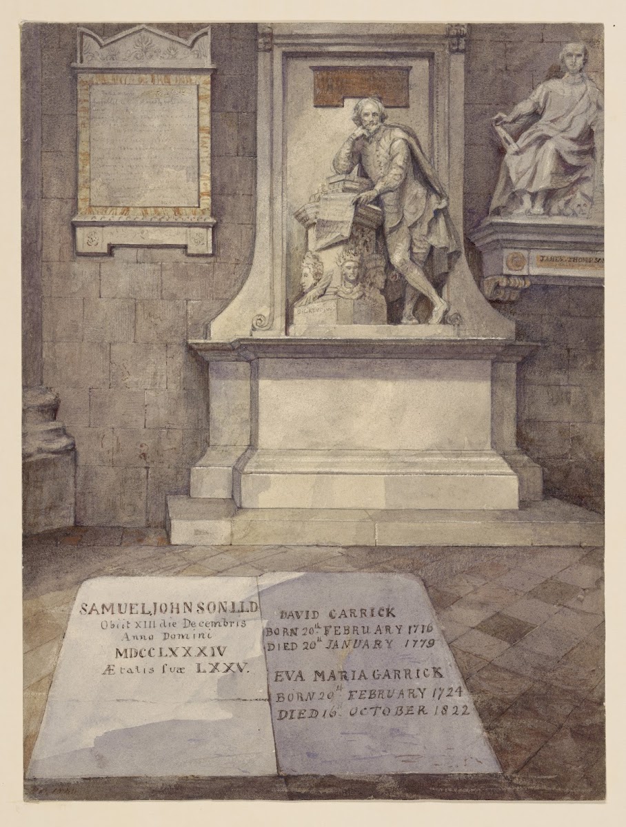 Shakespeares statue overlooking the grave markers of Samuel Johnson David Garric